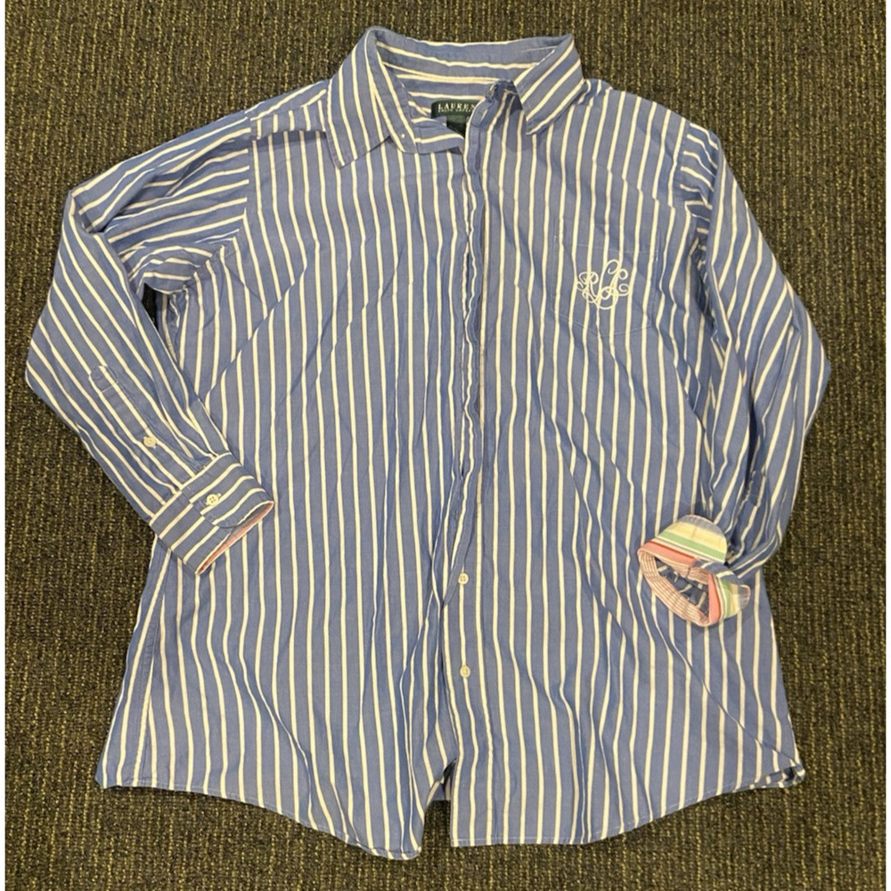 Lauren Ralph Lauren M Blue White Striped broad cloth blue embroidered button up